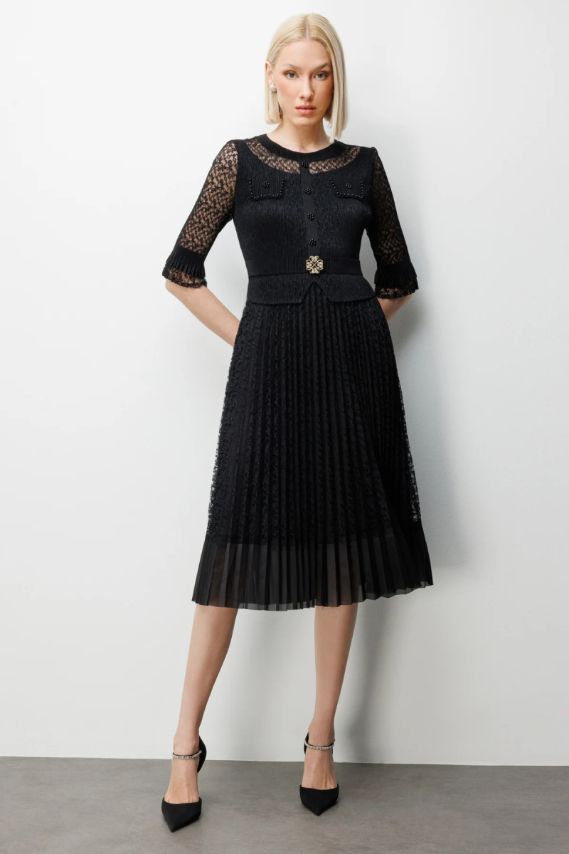 Ekol Kadın Boncuk Detaylı Dantelli Elbise 6918 Siyah Siyah