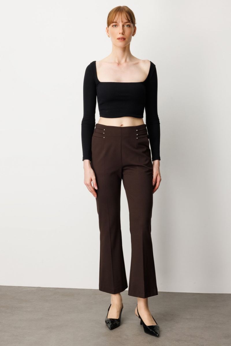 Ekol Kadın Boncuk Detaylı İspanyol Paça Pantolon 1083 Kahverengi Kahverengi