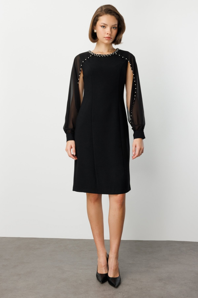 Ekol Kadın Boncuk Detaylı Kolları Tül Midi Elbise 4011 Siyah Siyah