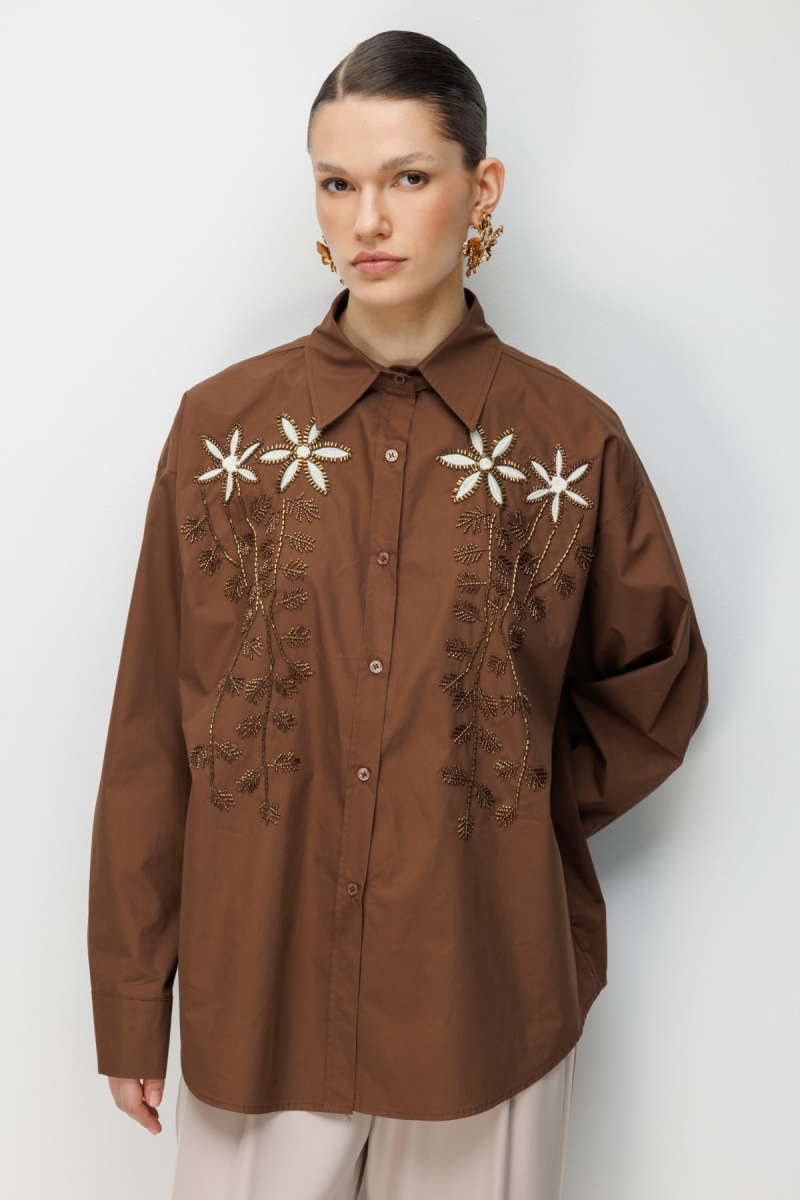 Ekol Kadın Boncuklu Çiçek İşlemeli Pamuk Gömlek 2810 Kakao KAKAO