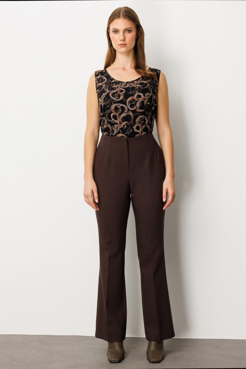 Ekol Kadın Büyük Beden Beli Kalın Lastikli İspanyol Paça Pantolon 1107 Kahverengi Kahverengi