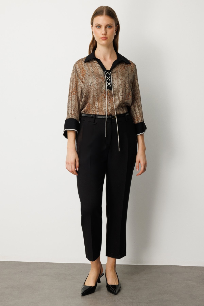 Ekol Kadın Büyük Beden Beli Kemerli Bol Paça Pantolon 1005 Siyah Siyah