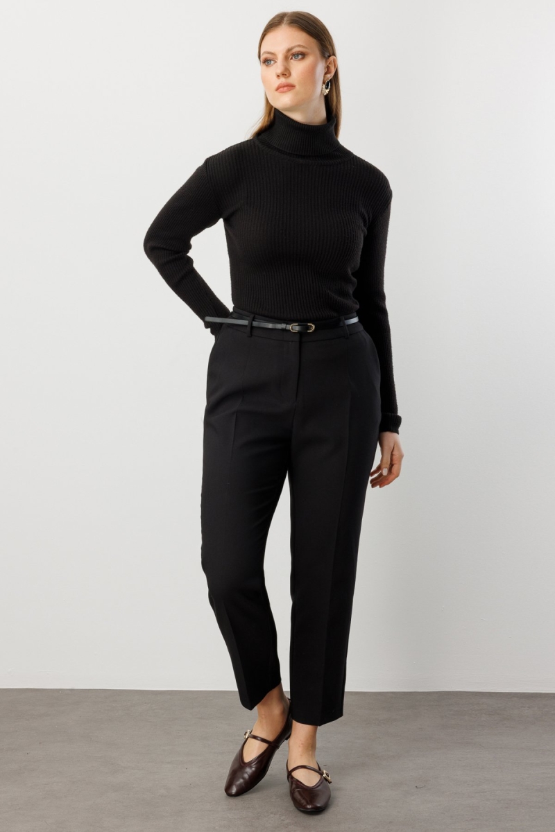 Ekol Kadın Büyük Beden Beli Kemerli Dar Paça Pantolon 1015 Siyah Siyah