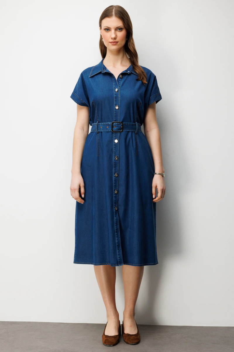 Ekol Kadın Büyük Beden Beli Kemerli Polo Yaka Midi Elbise 6542 Indigo Indigo