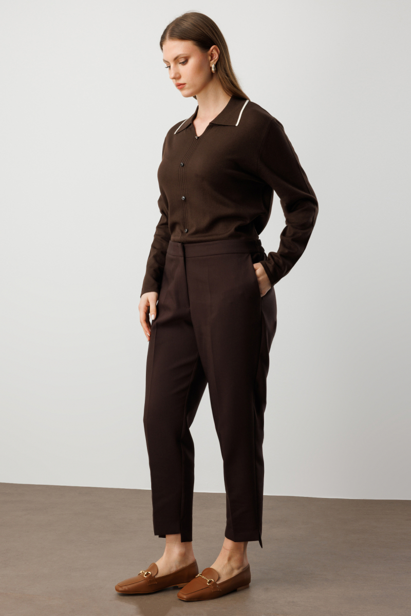 Ekol Kadın Büyük Beden Beli Lastikli Dar Paça Kumaş Pantolon 5531 Kahverengi Kahverengi