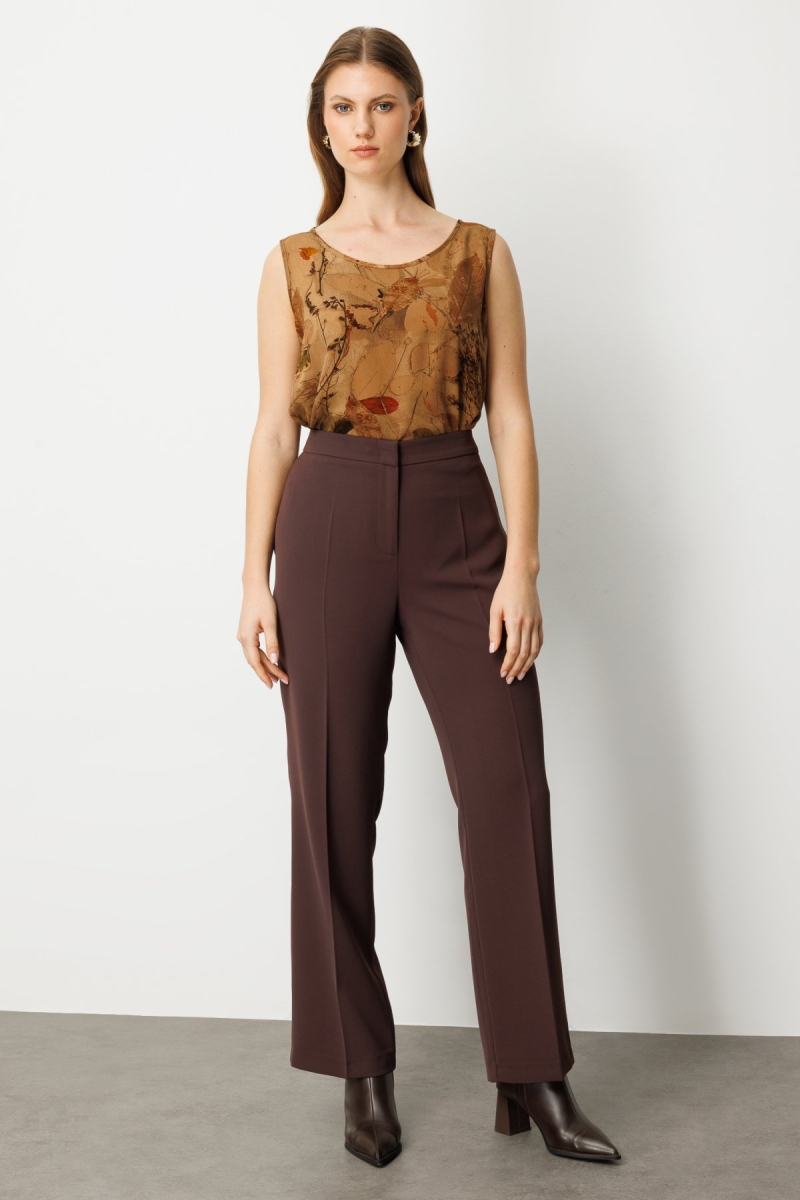 Ekol Kadın Büyük Beden Bol Paça Krep Pantolon 1033 Kahverengi Kahverengi