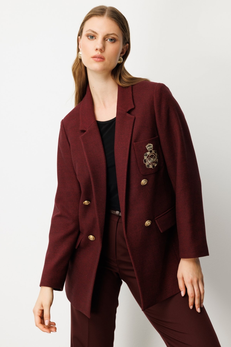 Ekol Kadın Büyük Beden Cebi Armalı Ceket 5571 Bordo Bordo
