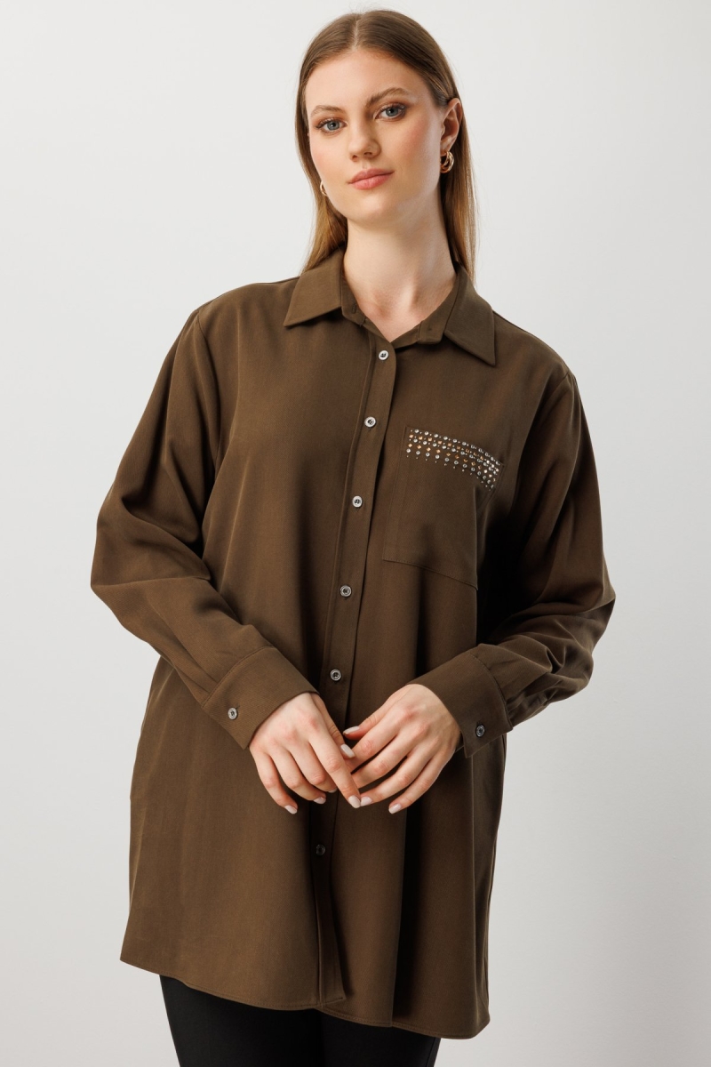 Ekol Kadın Büyük Beden Cebi Taş İşlemeli Gömlek 3561 Haki Haki