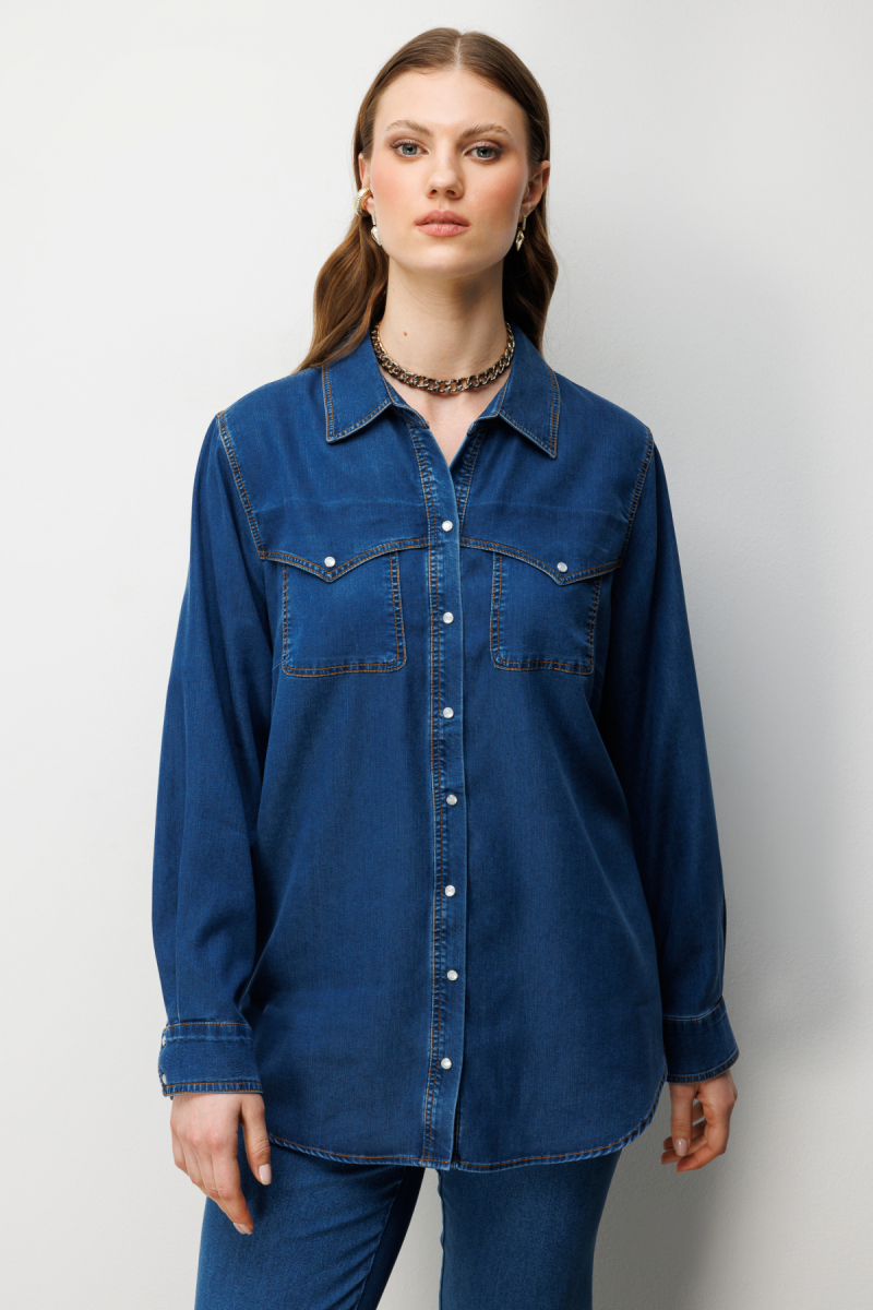 Ekol Kadın Büyük Beden Cep Detaylı Çıtçıtlı Gömlek 2602 Indigo Indigo