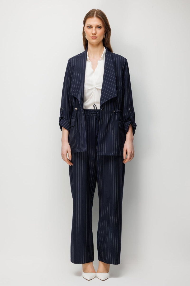 Ekol Kadın Büyük Beden Çizgi Desenli Bol Paça Pantolon 1590 Lacivert Lacivert