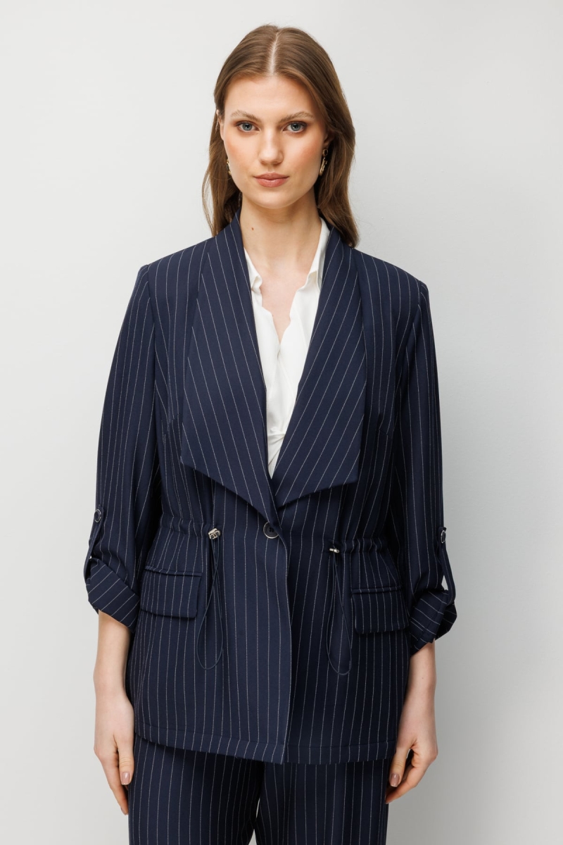 Ekol Kadın Büyük Beden Çizgi Desenli Kapak Cepli Ceket 1588 Lacivert Lacivert