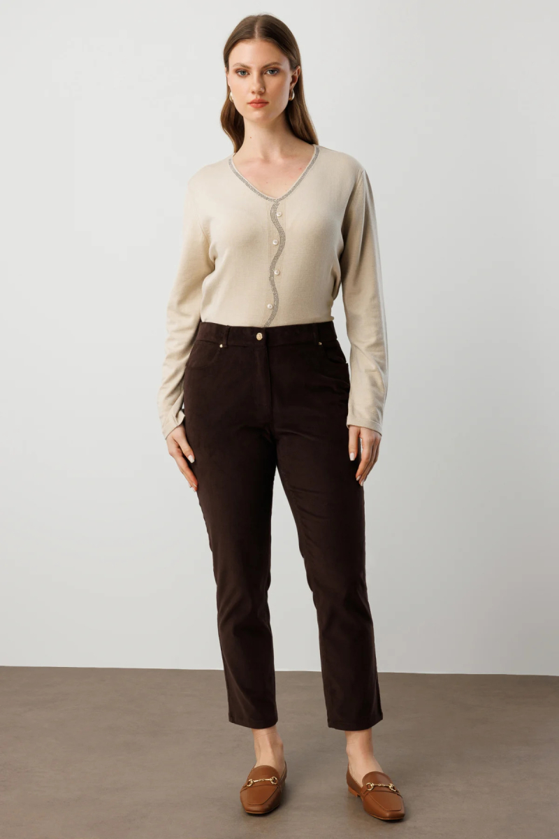 Ekol Kadın Büyük Beden Dar Paça Kadife Pantolon 1051 Kahverengi Kahverengi