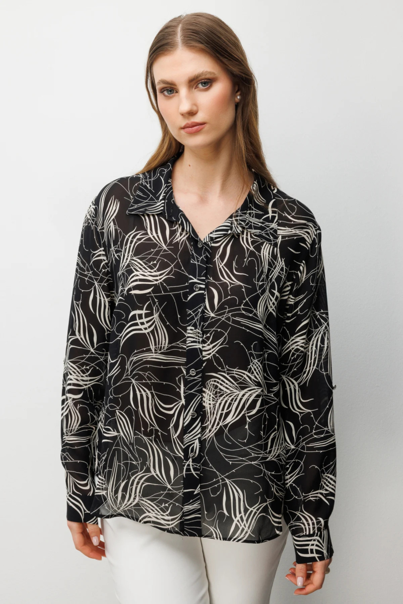 Ekol Kadın Büyük Beden Desenli Transparan Gömlek 2536 Siyah Siyah