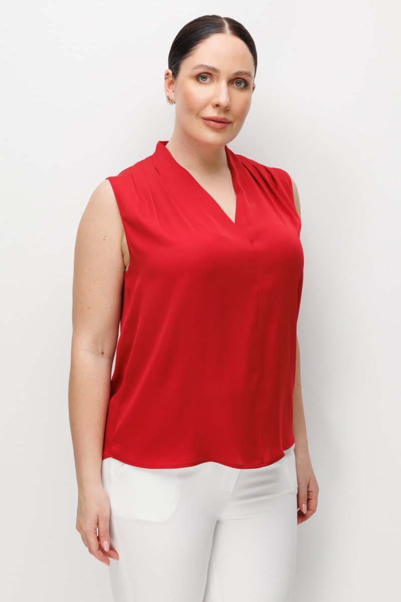 Ekol Kadın Büyük Beden Drapeli V Yaka Bluz 2506 Kırmızı Kırmızı
