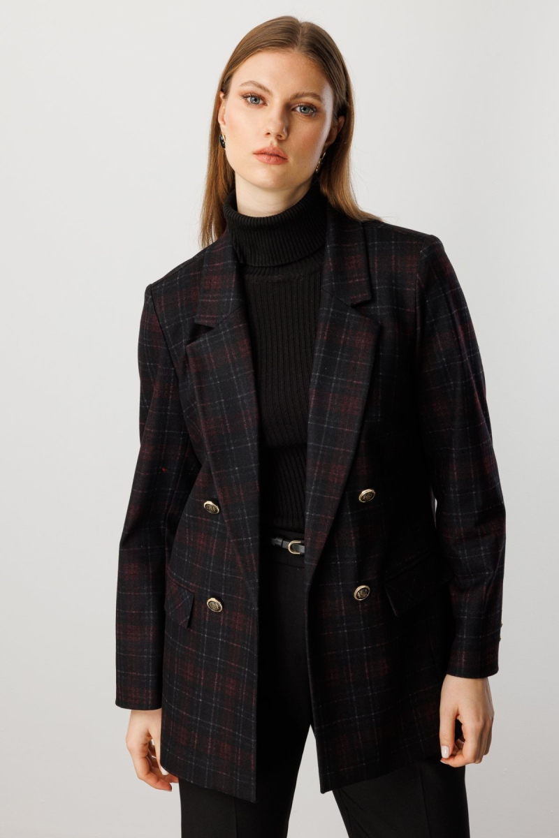 Ekol Kadın Büyük Beden Ekoseli Kapak Cepli Ceket 5539 Bordo Bordo