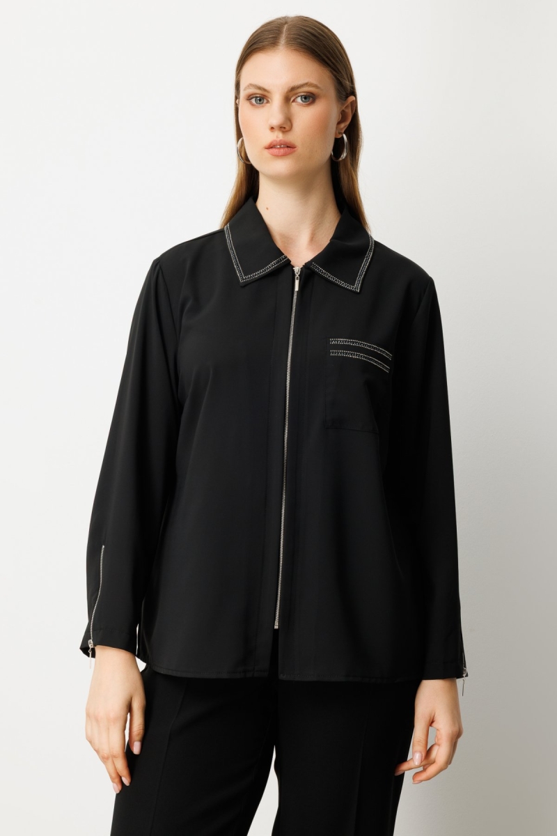 Ekol Kadın Büyük Beden Fermuarlı Taş İşlemeli Bluz 3981 Siyah Siyah