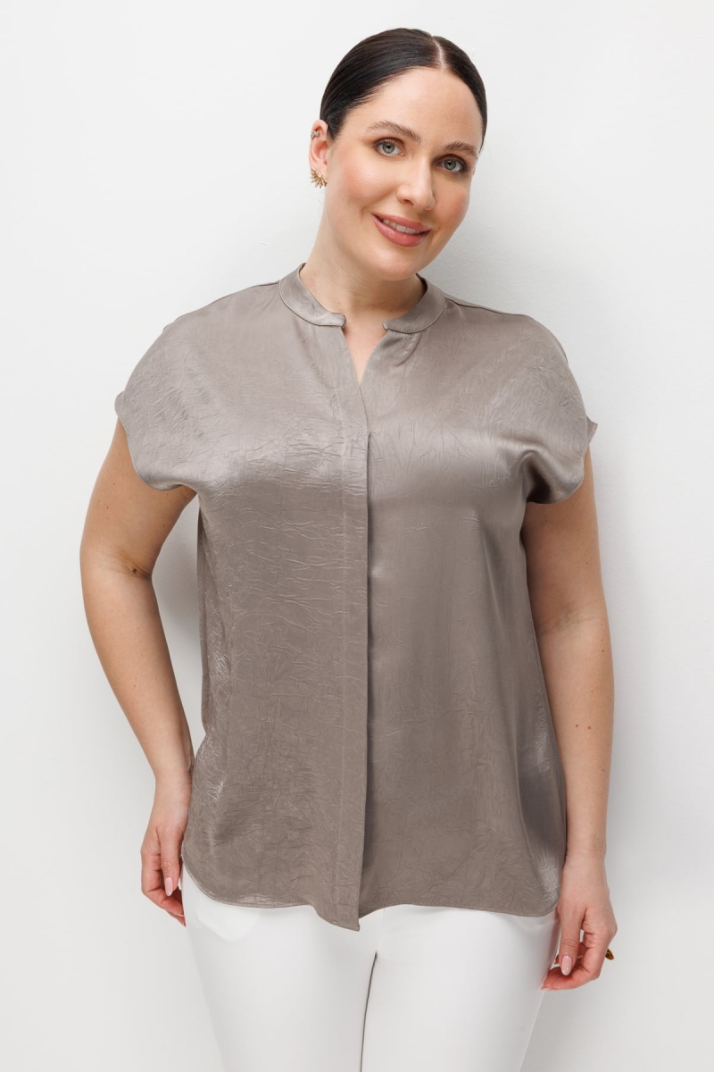 Ekol Kadın Büyük Beden Hakim Yaka Kırışık Desenli Bluz 2552 Vizon Vizon