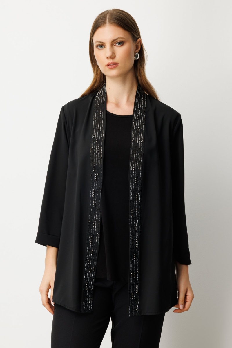 Ekol Kadın Büyük Beden İç Atletli Yakası Taş İşlemeli Ceket 5981 Siyah Siyah