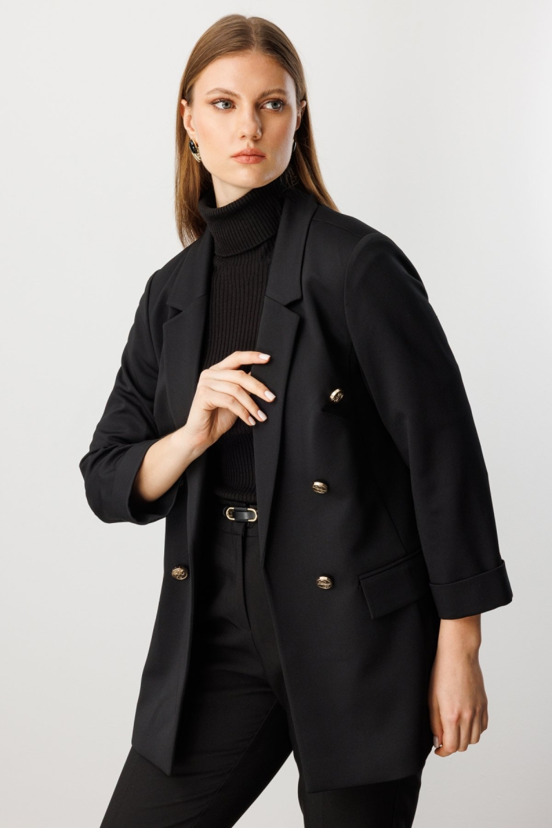 Ekol Kadın Büyük Beden Kapak Cepli Duble Kol Ceket 5523 Siyah Siyah