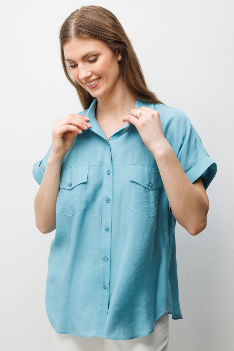 Ekol Kadın Büyük Beden Kapak Cepli Kısa Kol Gömlek 2588 Aqua Aqua