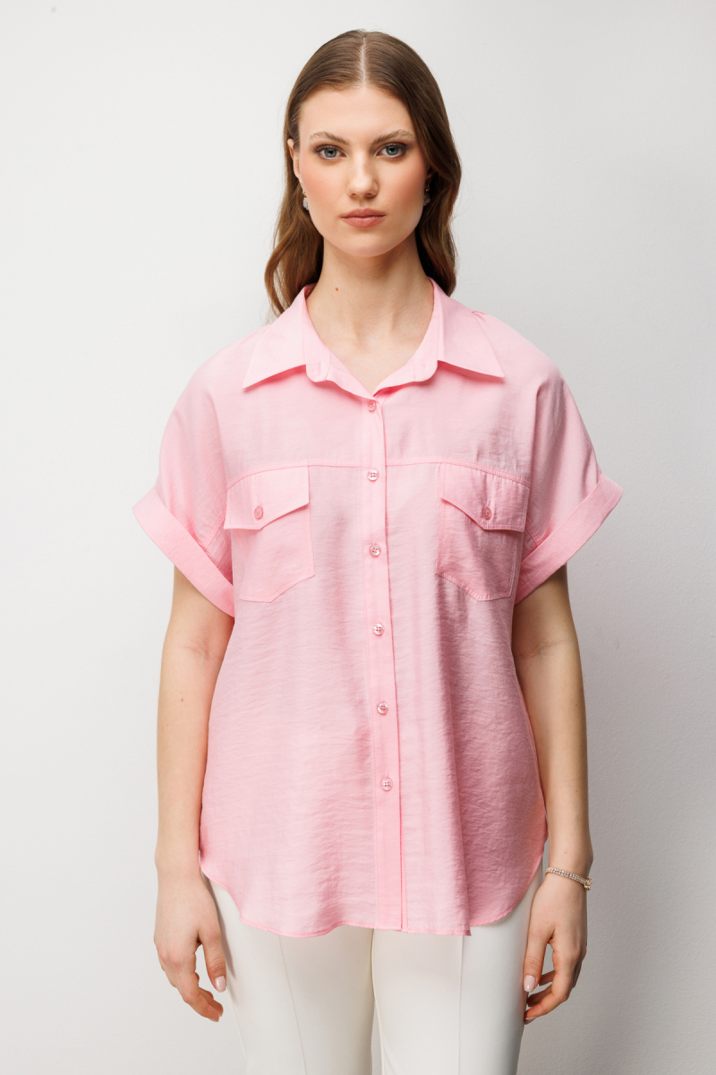Ekol Kadın Büyük Beden Kapak Cepli Kısa Kol Gömlek 2588 Pembe Pembe