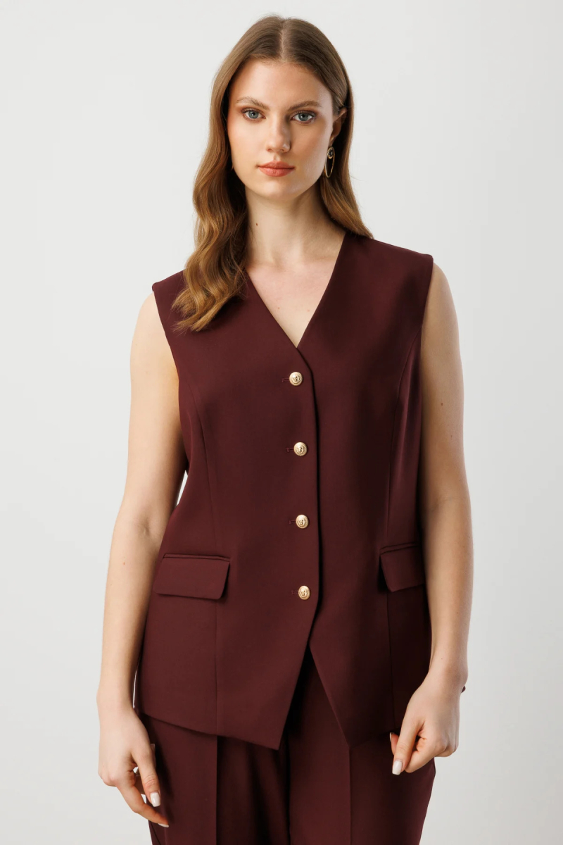 Ekol Kadın Büyük Beden Kapak Cepli V Yaka Yelek 5527 Bordo Bordo