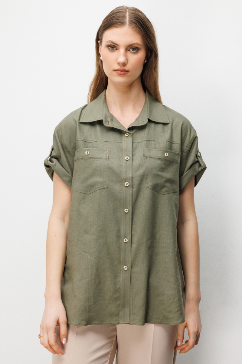 Ekol Kadın Büyük Beden Kısa Kollu Keten Gömlek 2524 Haki Haki