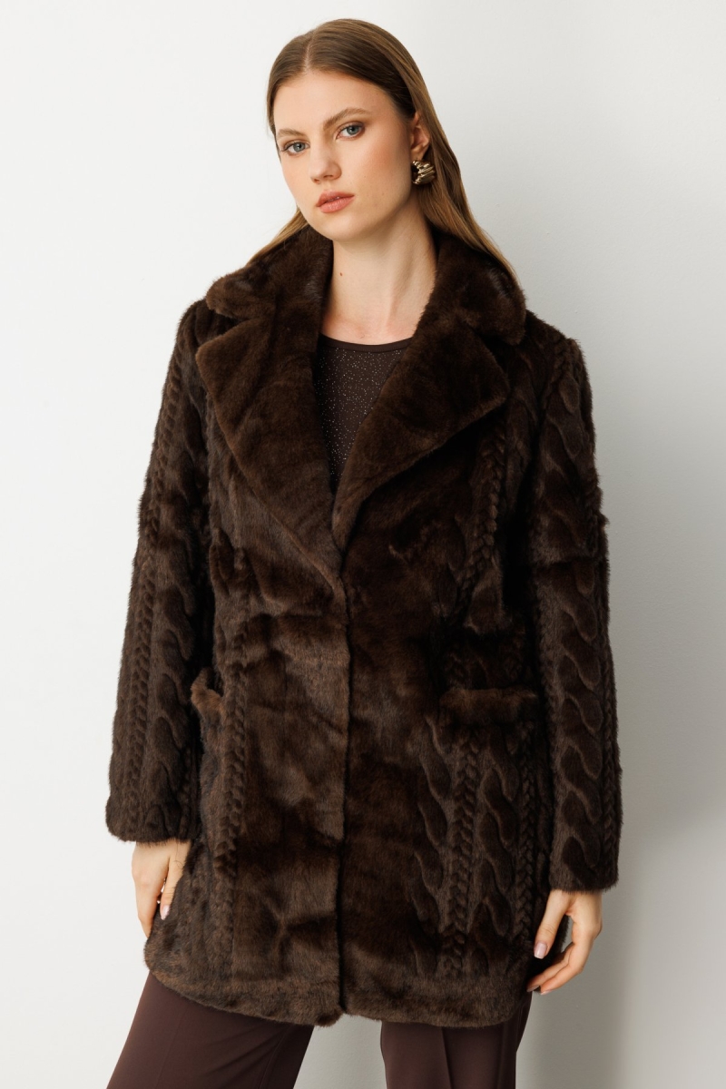 Ekol Kadın Büyük Beden Kruvaze Yaka Torba Cepli Kaban 6961 Kahverengi Kahverengi