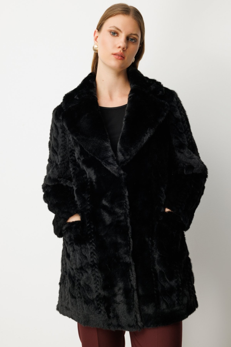 Ekol Kadın Büyük Beden Kruvaze Yaka Torba Cepli Kaban 6961 Siyah Siyah