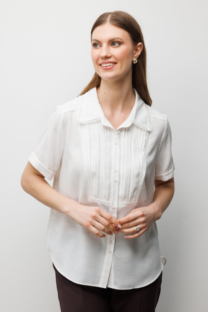 Ekol Kadın Büyük Beden Kumaşı Desenli Kısa Kollu Gömlek 2542 Kum Kum