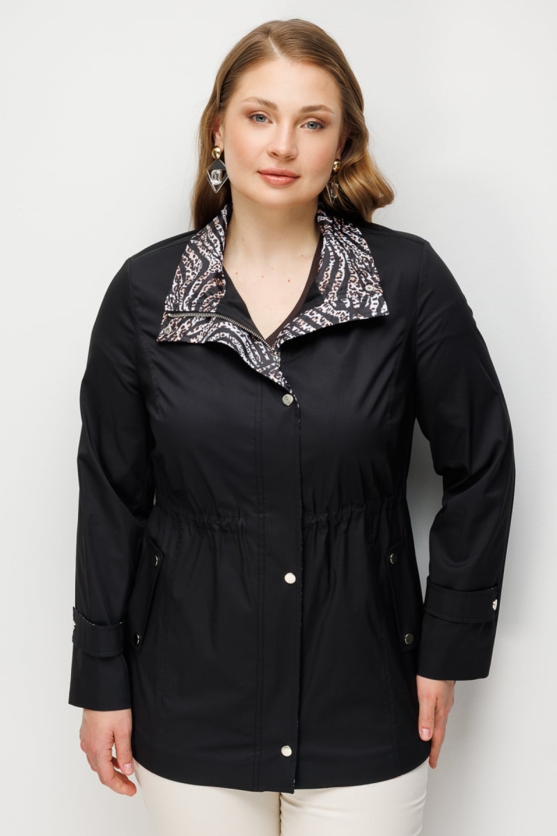 Ekol Kadın Büyük Beden Leopar Desenli Pamuklu Trençkot 7544 Siyah Siyah