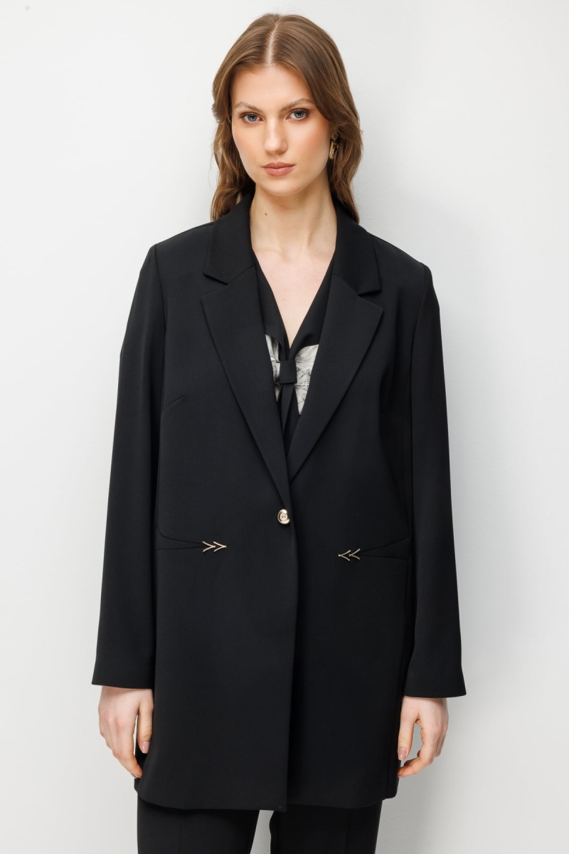 Ekol Kadın Büyük Beden Metal Aksesuarlı Tek Düğme Ceket 1514 Siyah Siyah