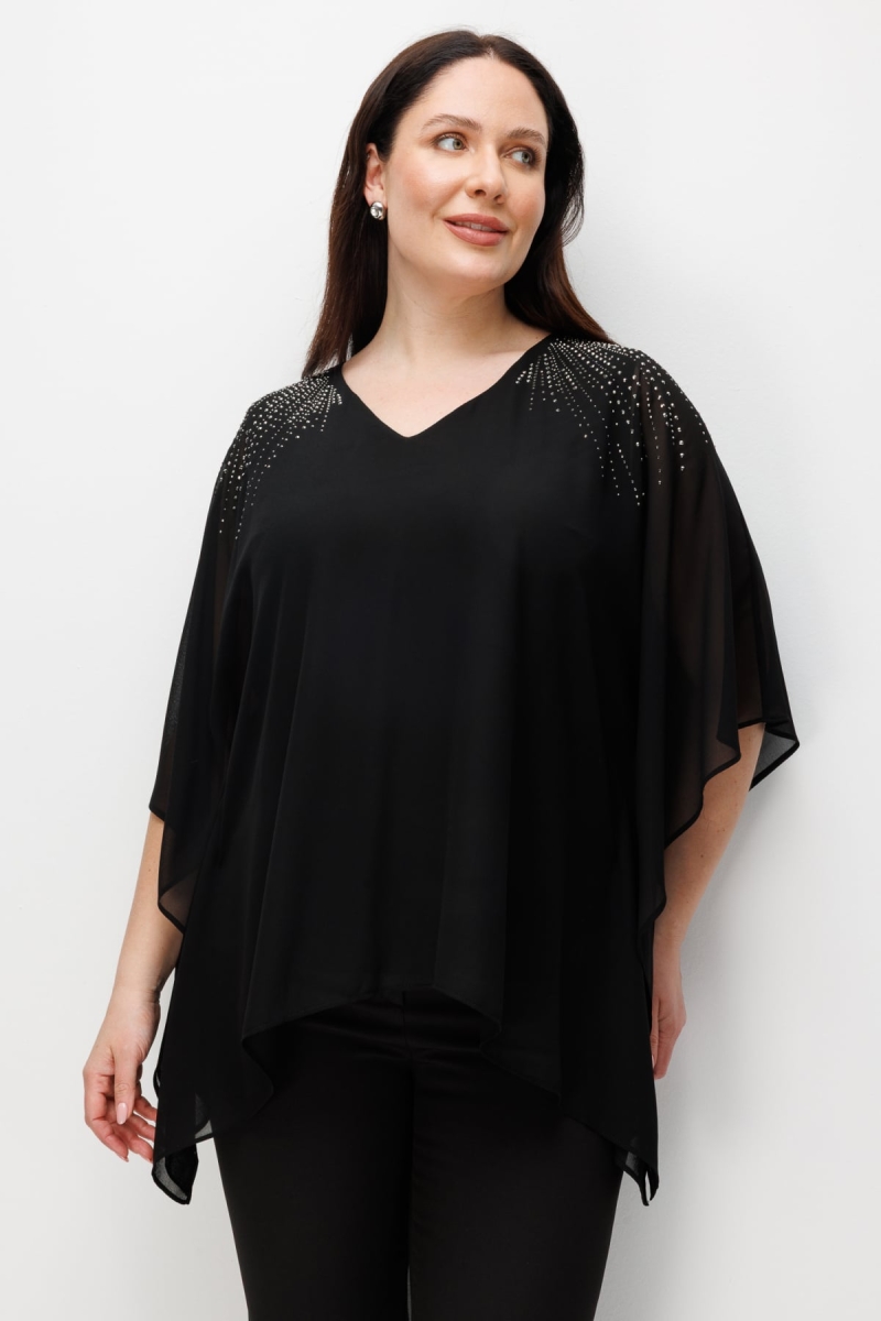 Ekol Kadın Büyük Beden Omzu Taş İşlemeli V Yaka Bluz 2510 Siyah Siyah