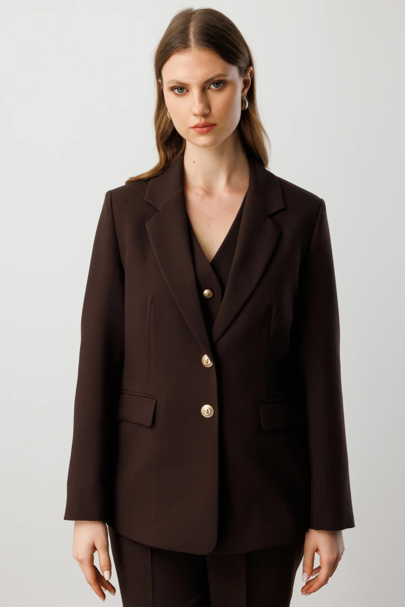 Ekol Kadın Büyük Beden Omzu Vatkalı Kapak Cepli Ceket 5529 Kahverengi Kahverengi