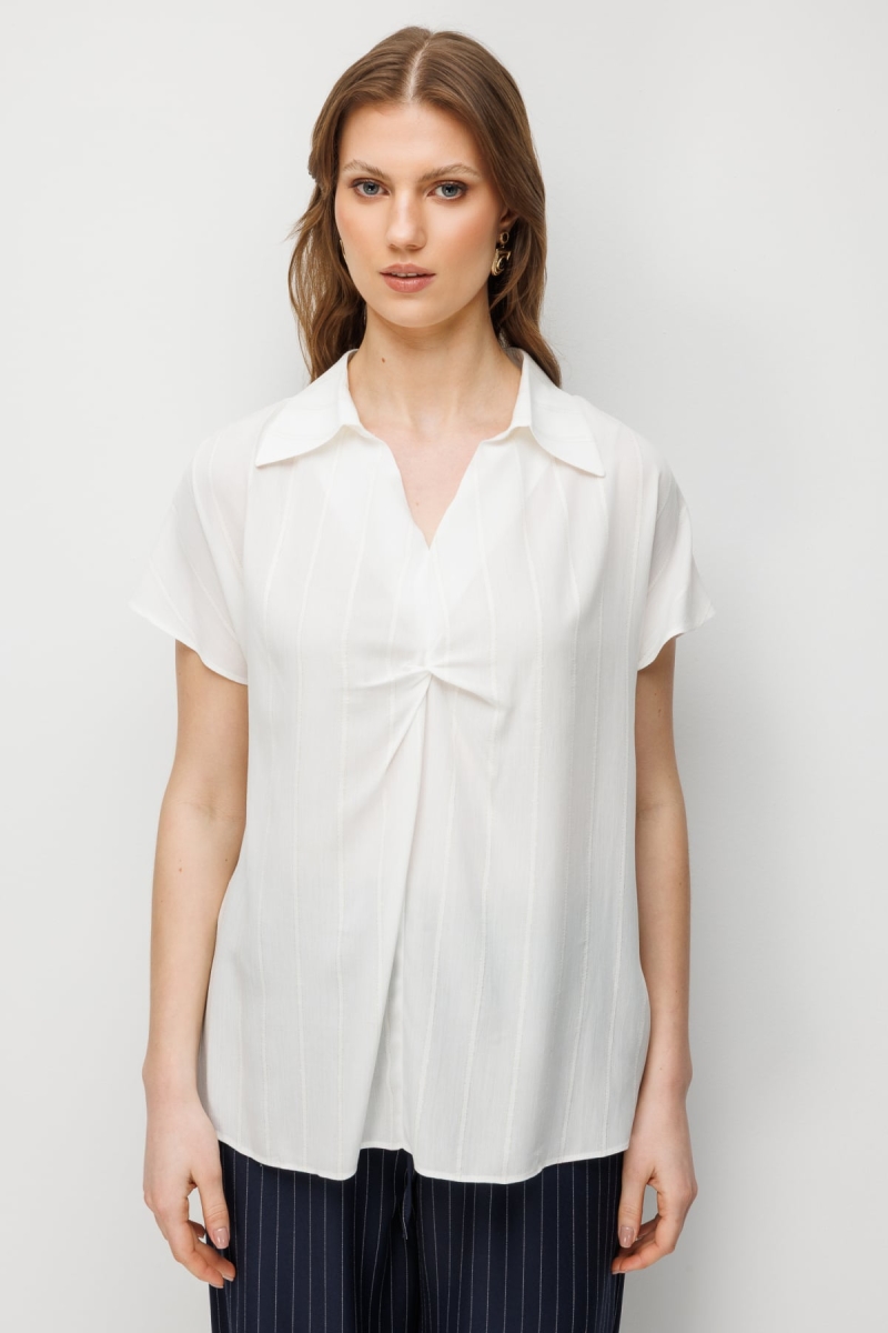 Ekol Kadın Büyük Beden Önü Büzgülü Şerit Detaylı Bluz 2548 Ekru Ekru