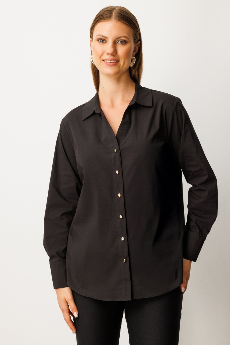 Ekol Kadın Büyük Beden Önü Düğmeli Polo Yaka Gömlek 3549 Siyah Siyah