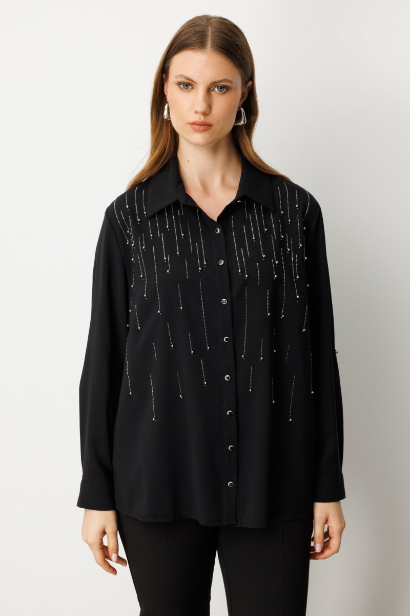 Ekol Kadın Büyük Beden Önü Taşlı Boncuklu Bluz 3983 Siyah Siyah
