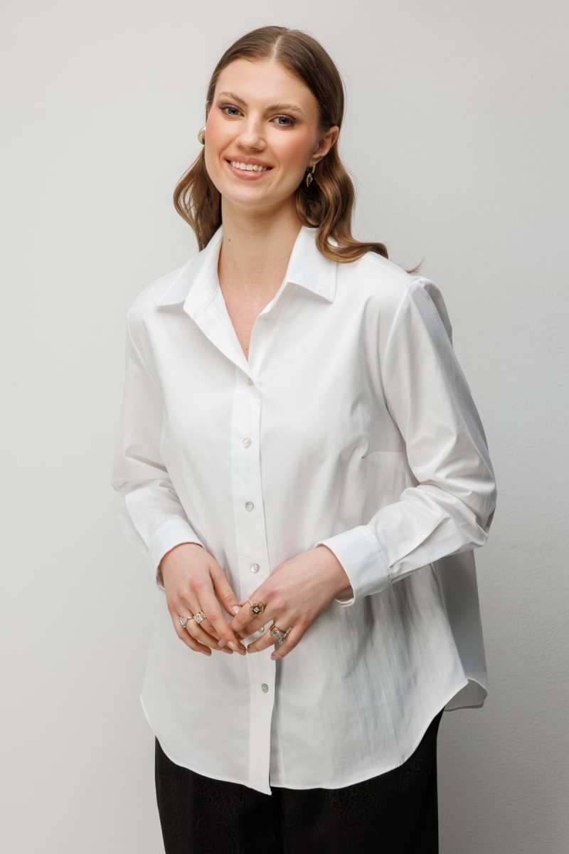 Ekol Kadın Büyük Beden Polo Yaka Pamuklu Gömlek 2560 Ekru Ekru