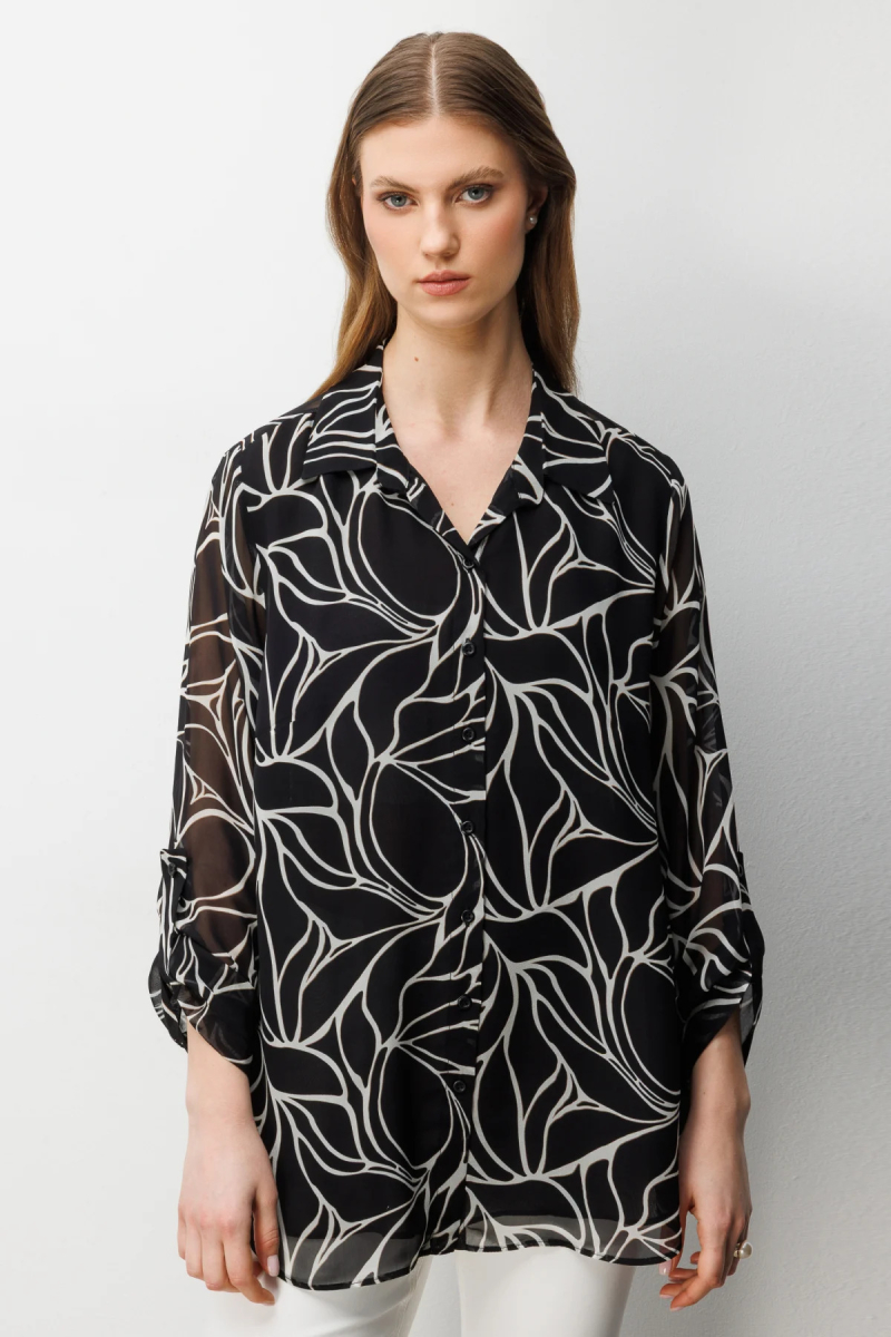 Ekol Kadın Büyük Beden Polo Yaka Transparan Gömlek 2538 Siyah Siyah