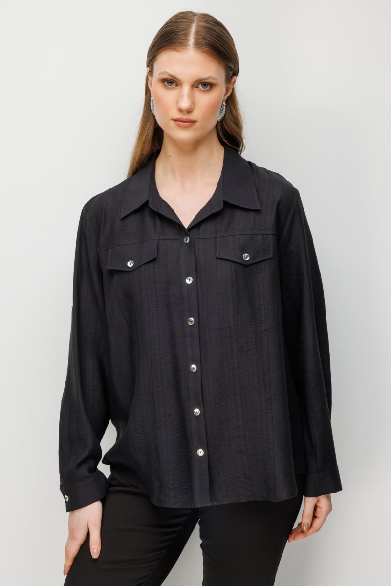 Ekol Kadın Büyük Beden Süs Kapak Cepli Polo Yaka Gömlek 2528 Siyah Siyah