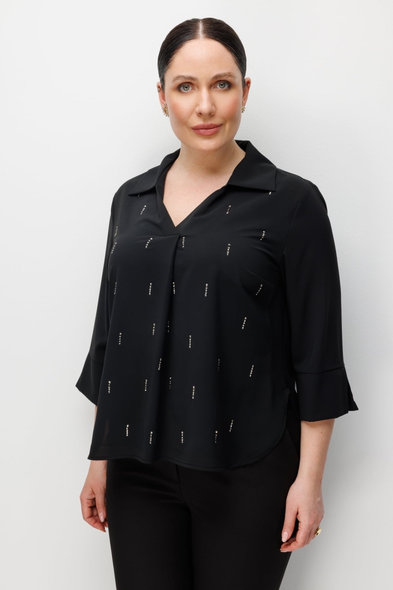 Ekol Kadın Büyük Beden Taş İşlemeli Yarım Kollu Bluz 2964 Siyah Siyah