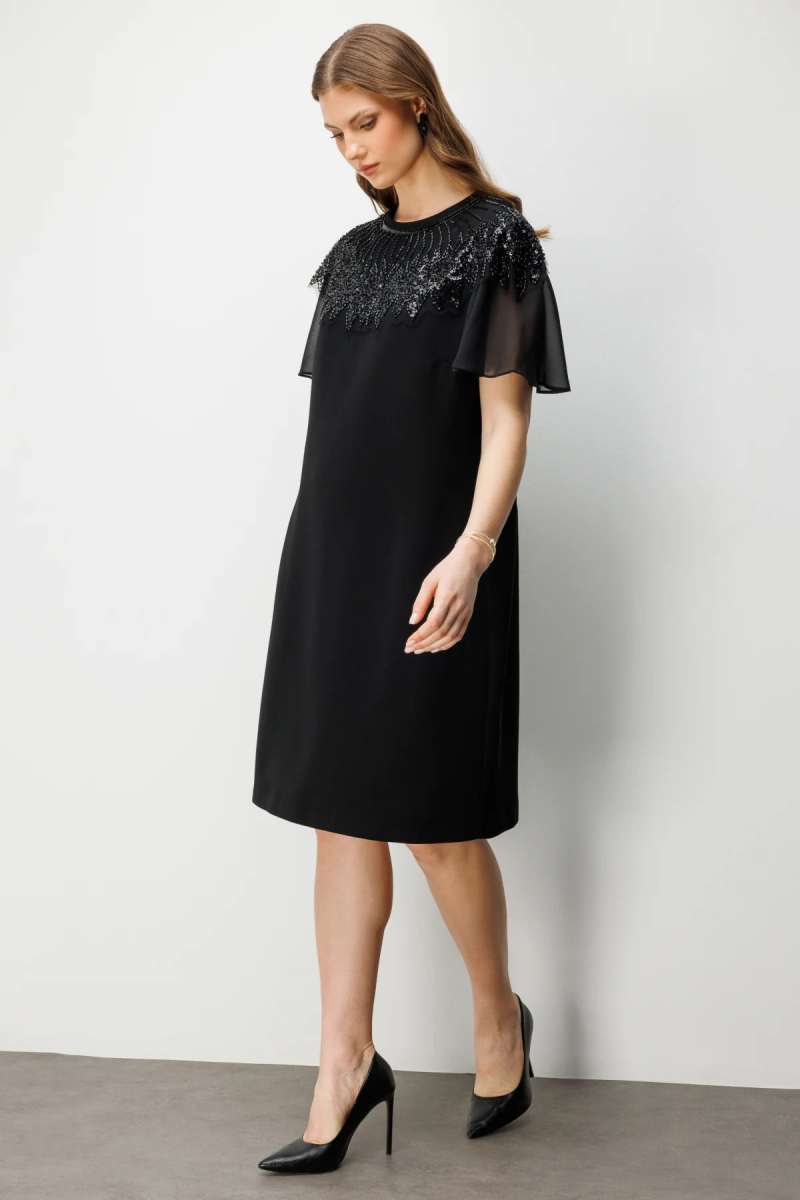 Ekol Kadın Büyük Beden Taş Nakışlı Midi Elbise 6502 Siyah Siyah