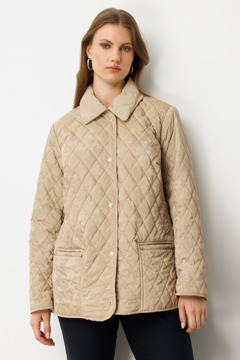 Ekol Kadın Büyük Beden Torba Cepli Kapitone Mont 6803 Bej Bej