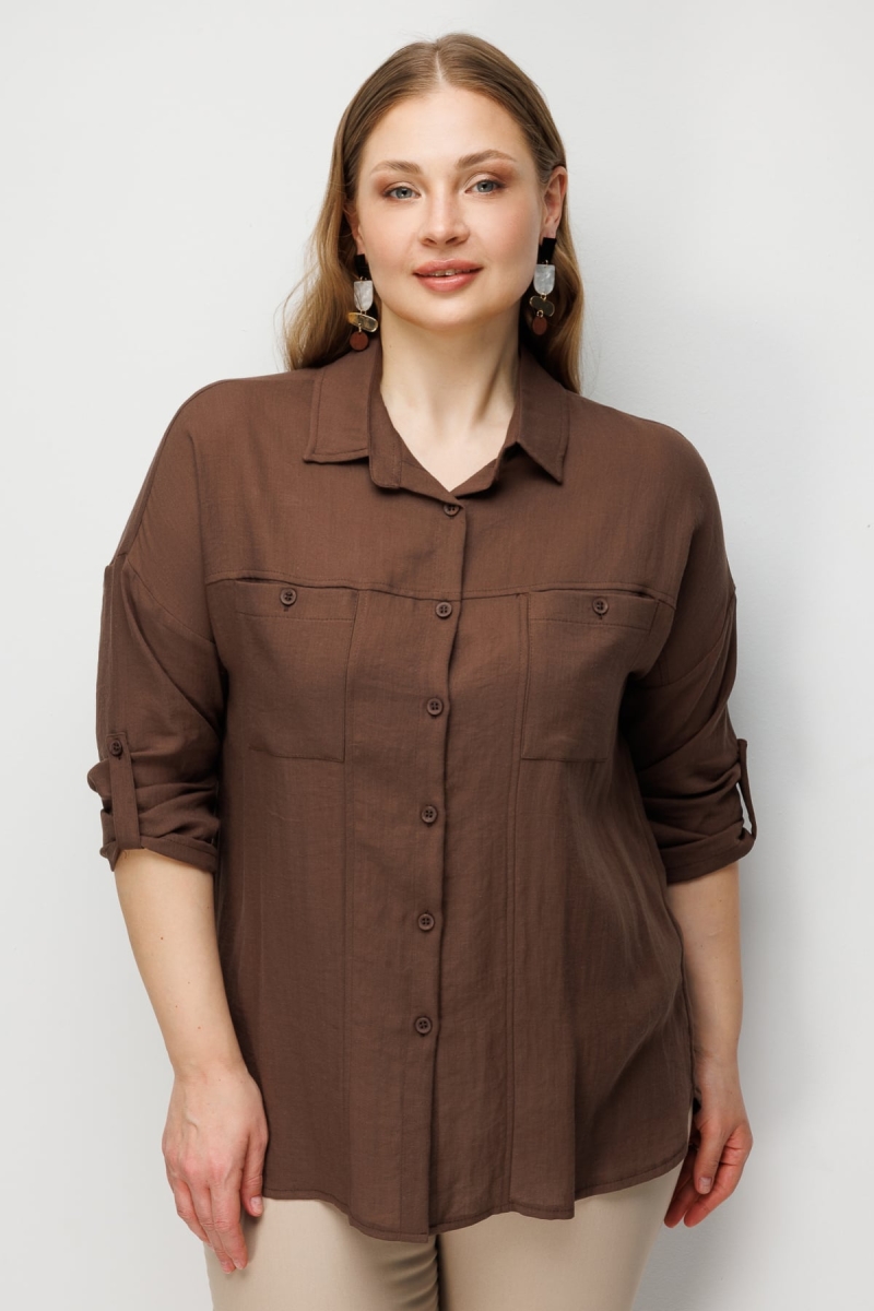 Ekol Kadın Büyük Beden Torba Cepli Keten Gömlek 2988 Çikolata ÇİKOLATA
