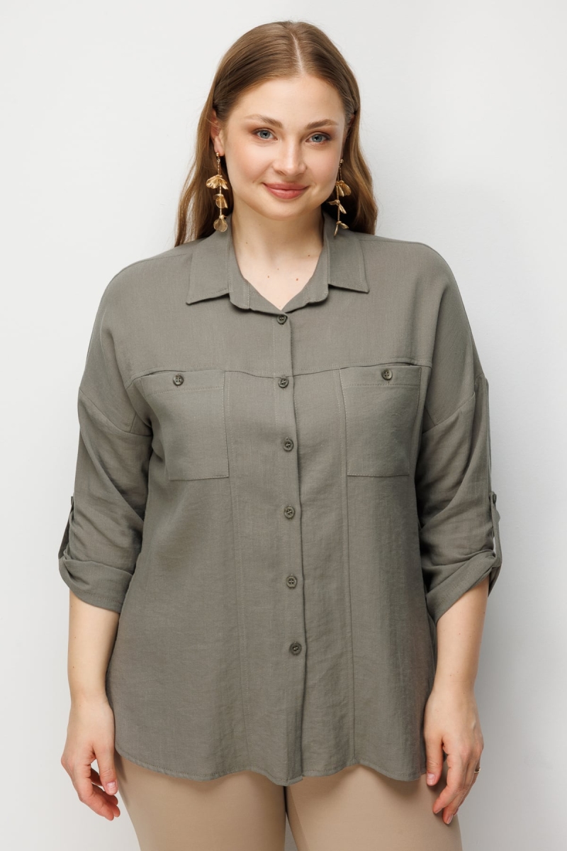 Ekol Kadın Büyük Beden Torba Cepli Keten Gömlek 2988 Haki Haki