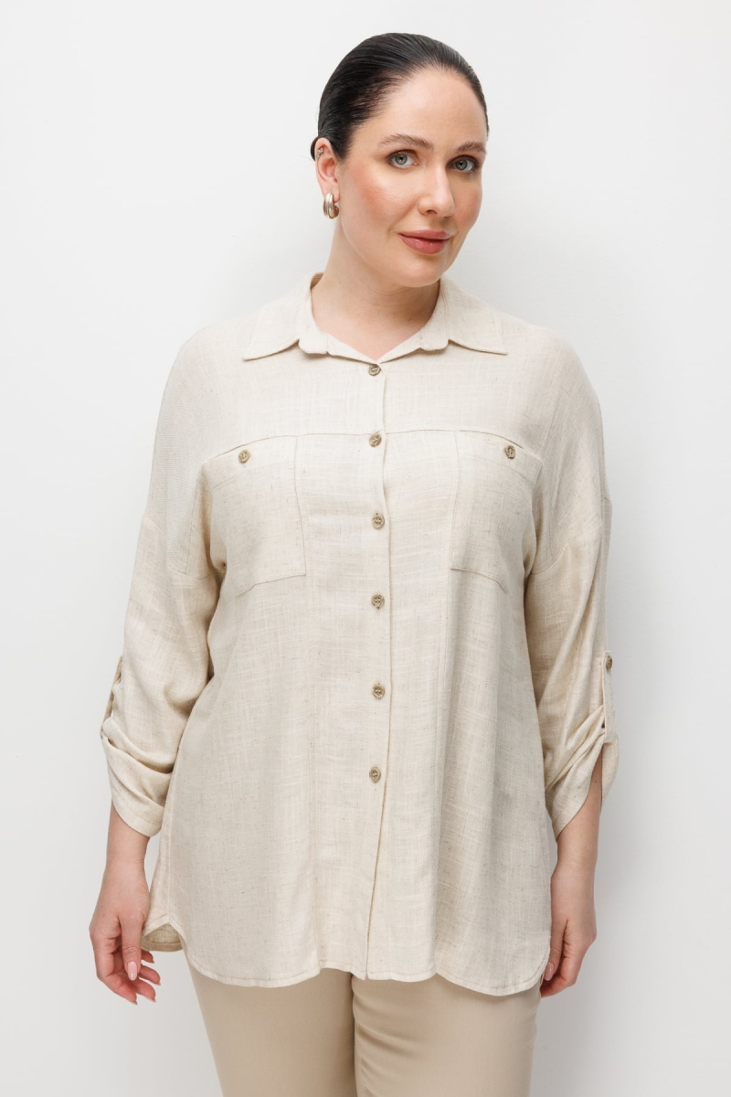 Ekol Kadın Büyük Beden Torba Cepli Keten Gömlek 2988 Naturel NATUREL