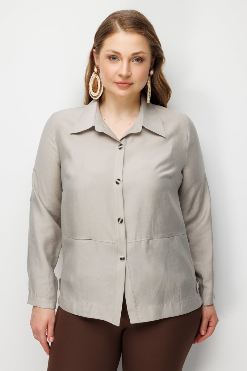 Ekol Kadın Büyük Beden Torba Cepli Polo Yaka Gömlek 7602 Taş Taş