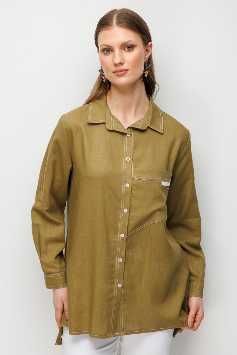 Ekol Kadın Büyük Beden Torba Cepli Polo Yaka Keten Gömlek 2986 Oliv Oliv