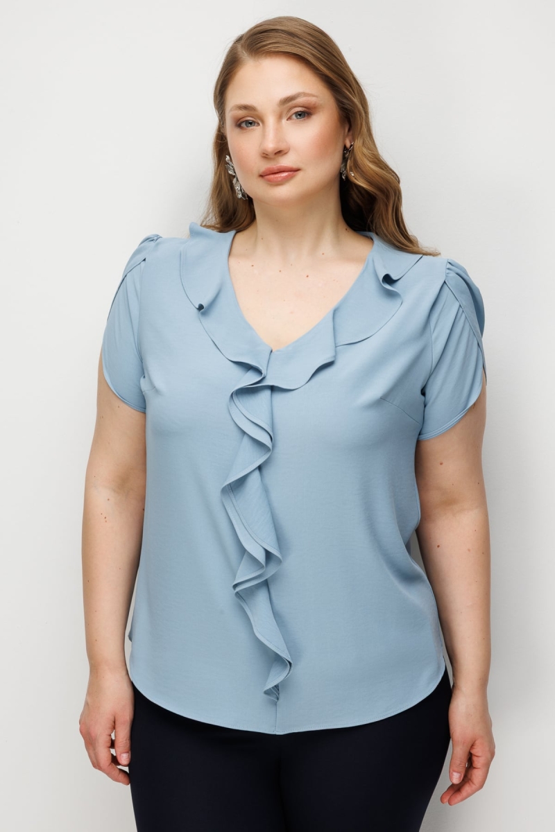 Ekol Kadın Büyük Beden V Yaka Fırfır Detaylı Bluz 2550 Mavi Mavi