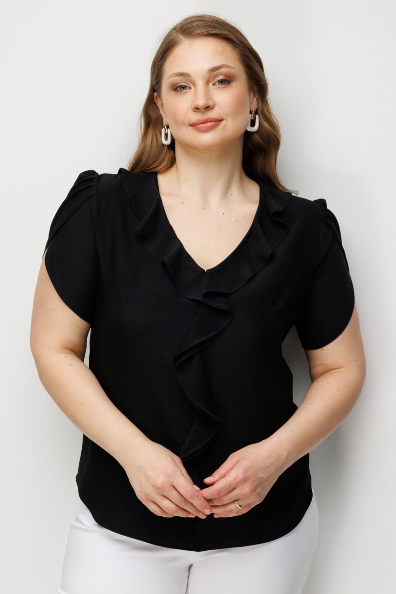 Ekol Kadın Büyük Beden V Yaka Fırfır Detaylı Bluz 2550 Siyah Siyah